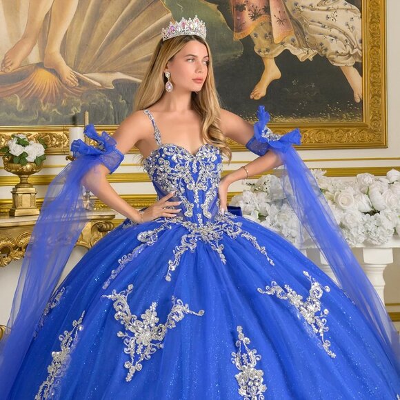 New Royal Blue & Silver Off Shoulder Quinceanera Gown w/ Lace Up Back GL3813 - Picture 1 of 15